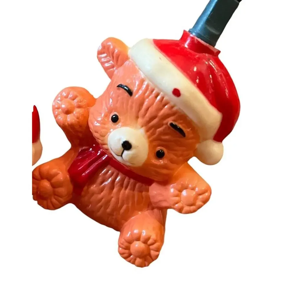 2 Strands VTG Teddy Bear Santa Hat Plastic Blow Mold String Lights Working